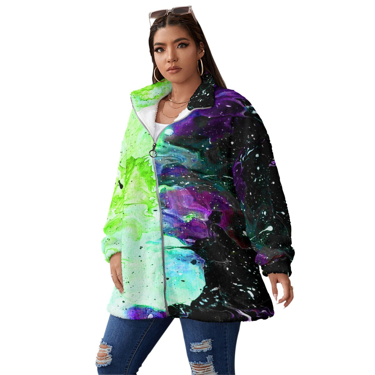 Galactic Fire Unisex Borg Fleece Stand-up Collar Coat With Zipper Closure(Plus Size)