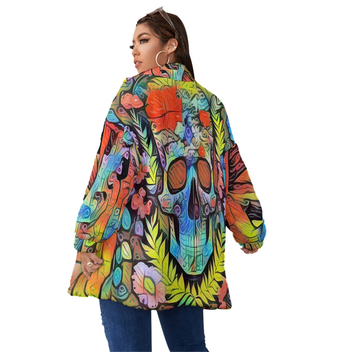 Funky Flower Skull Unisex Borg Fleece Stand-up Collar Coat With Zipper Closure(Plus Size)