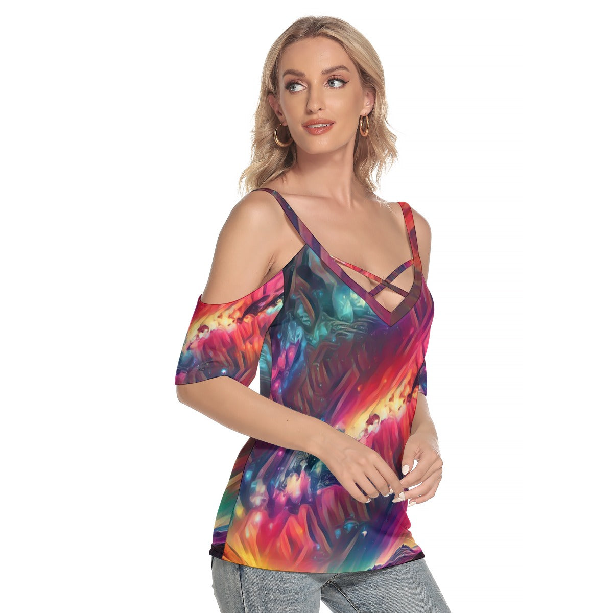 Starry Night Women's Cold Shoulder T-shirt With Criss Cross Strips