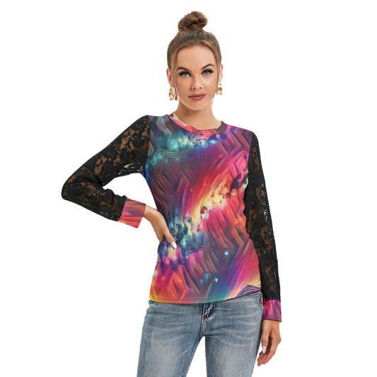 Starry Night Women's T-shirt And Sleeve With Black Lace