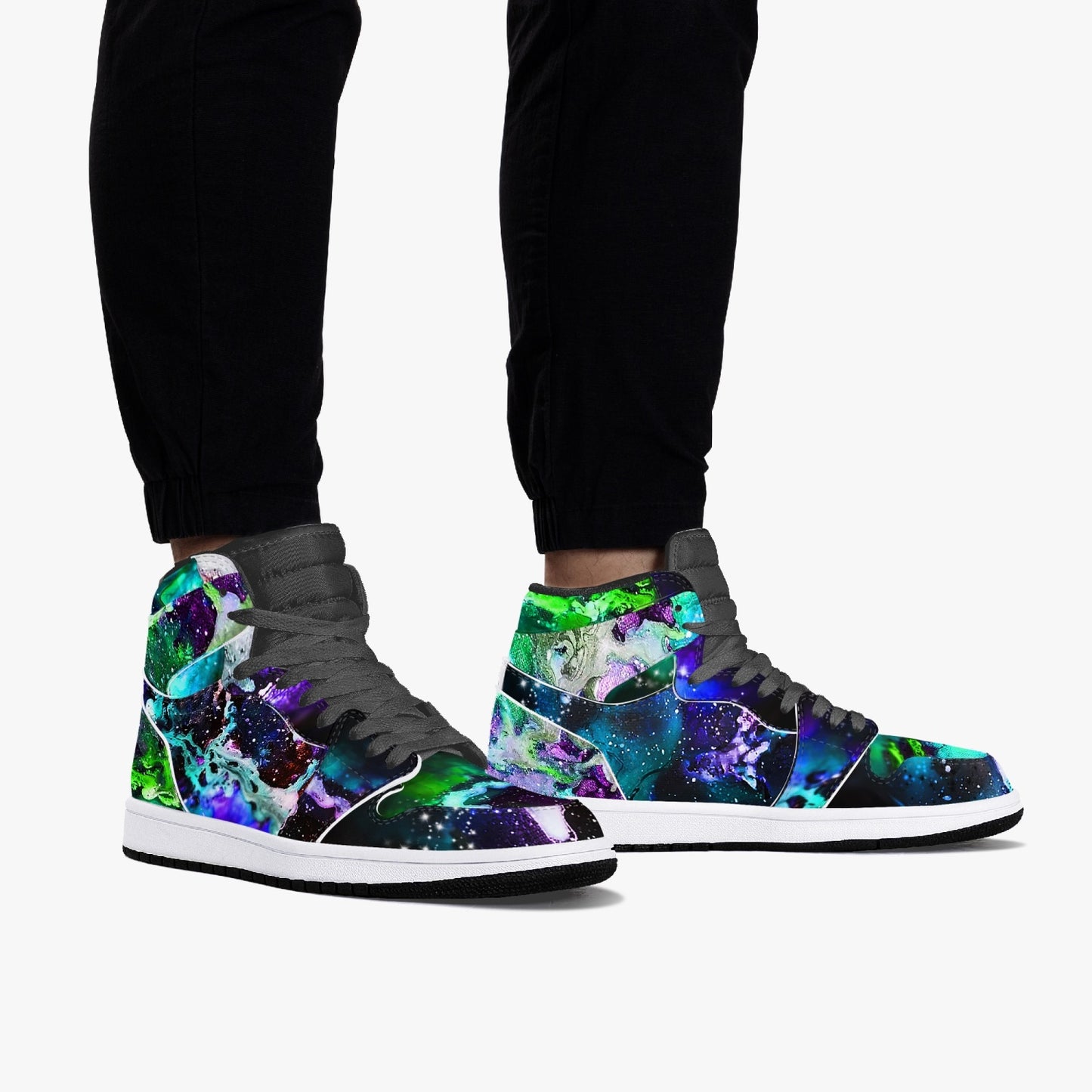 Teal and Purple Galaxy Black High-Top Leather Sneakers