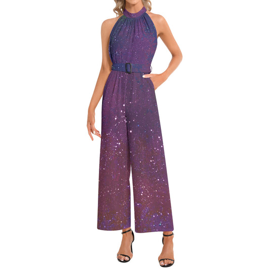 Galactic Atmosphere Halter Neck Buckle Belted Jumpsuit