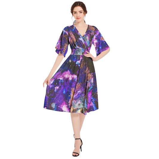 Galaxy: Purple Butterfly Sleeve Shirred High Waist A Line Midi Dress