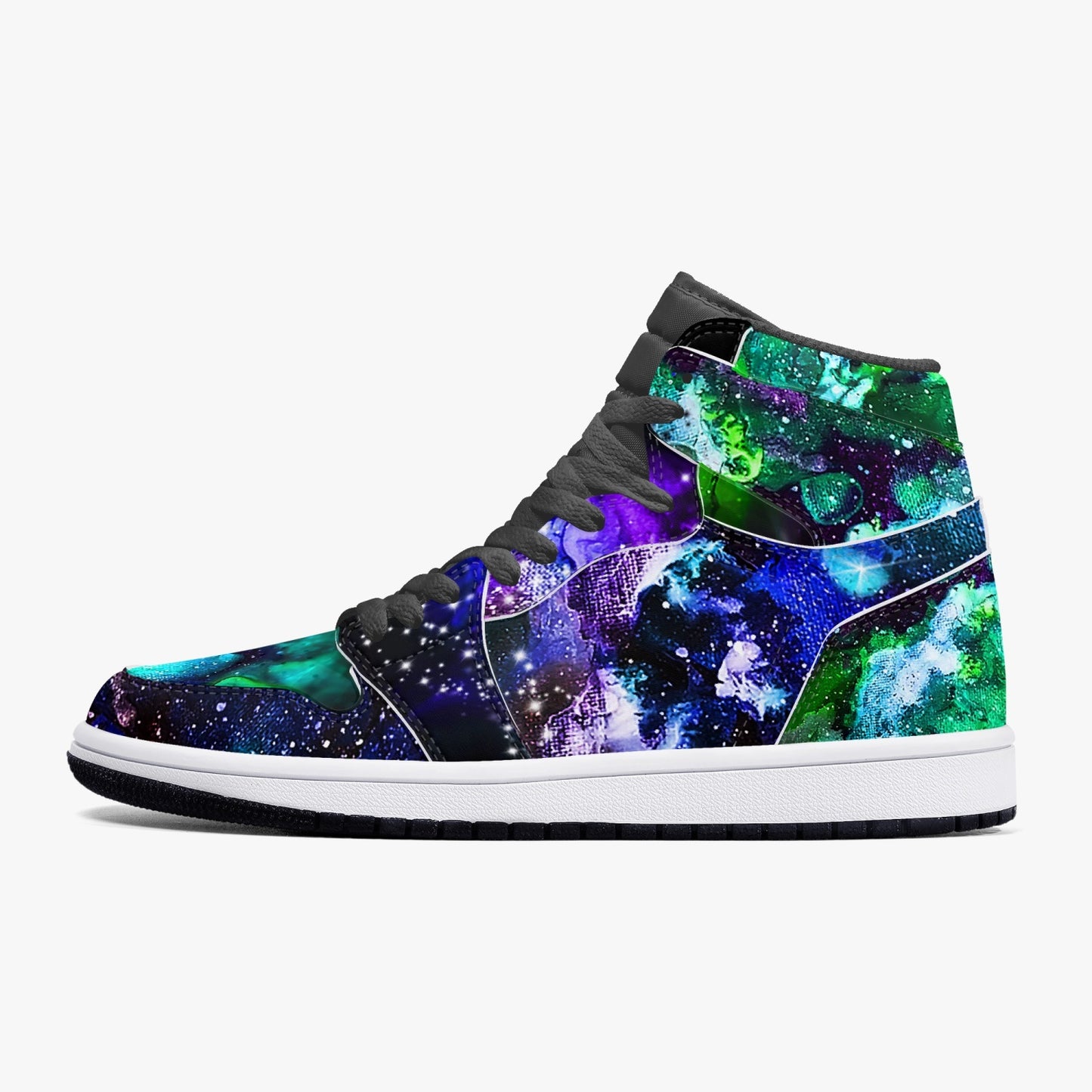 Teal and Purple Galaxy Black High-Top Leather Sneakers