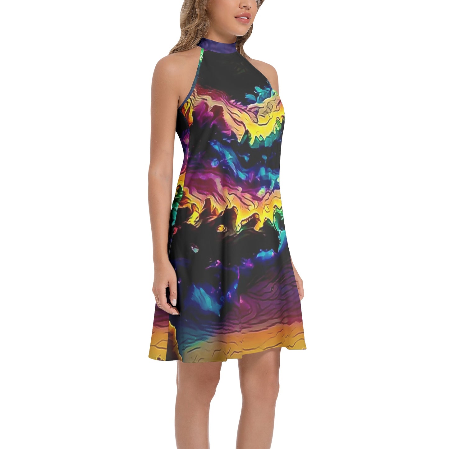 Sonic Storm Tie Back Halter Neck Flared Dress