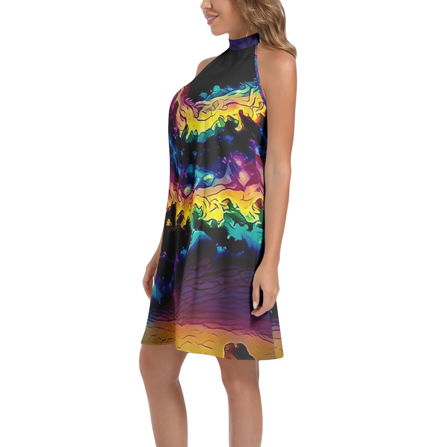 Sonic Storm Tie Back Halter Neck Flared Dress