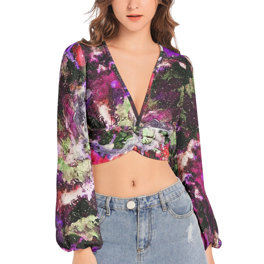 Galaxy: Red Women's Deep V-Neck Lantern Sleeve Crop Top