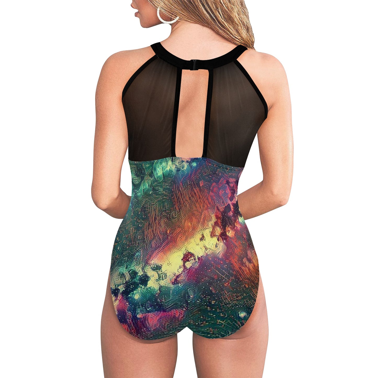 Starry Night Women's High Neck Plunge Mesh Ruched Swimsuit