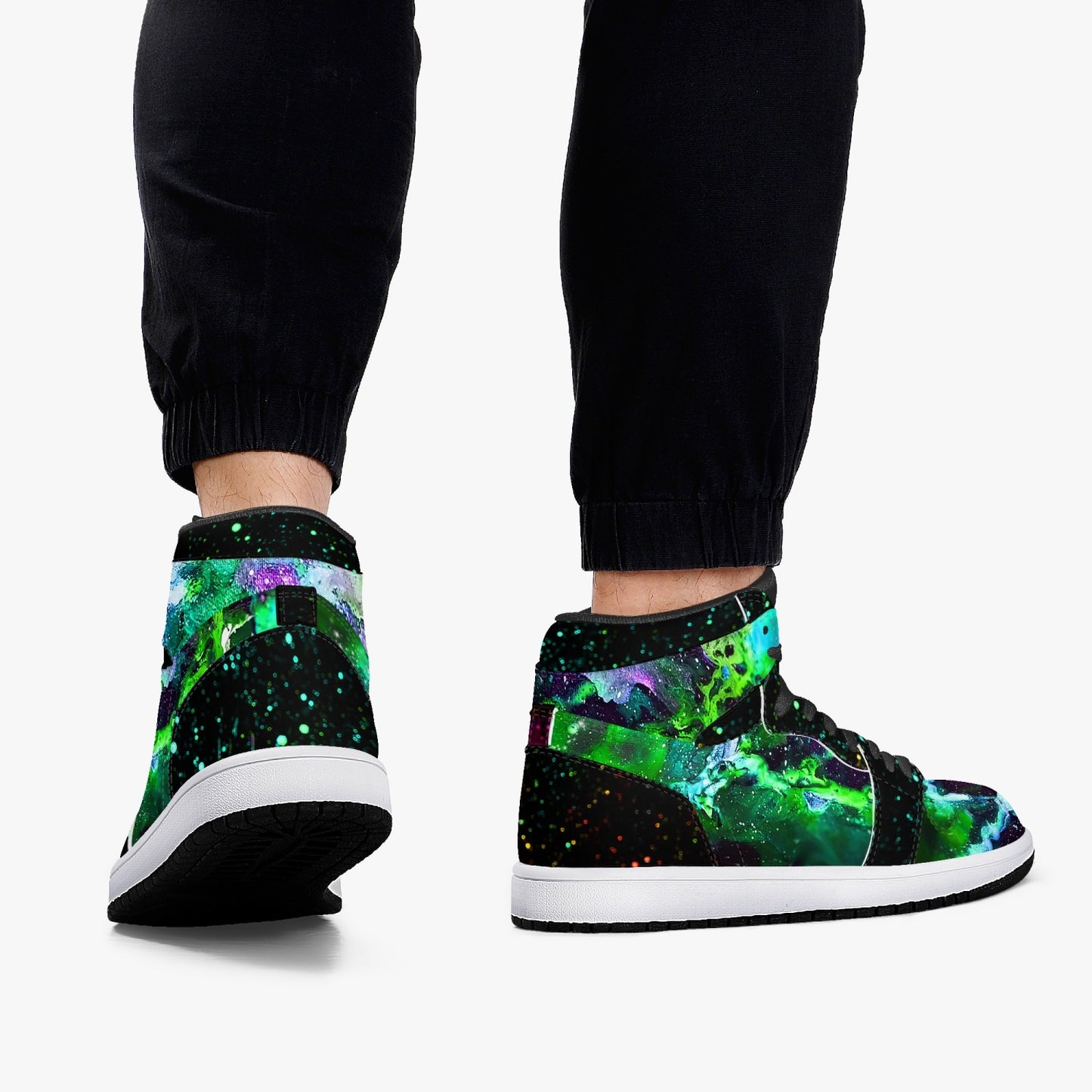 Green Galaxy/Green Star Party  Black High-Top Leather Sneakers