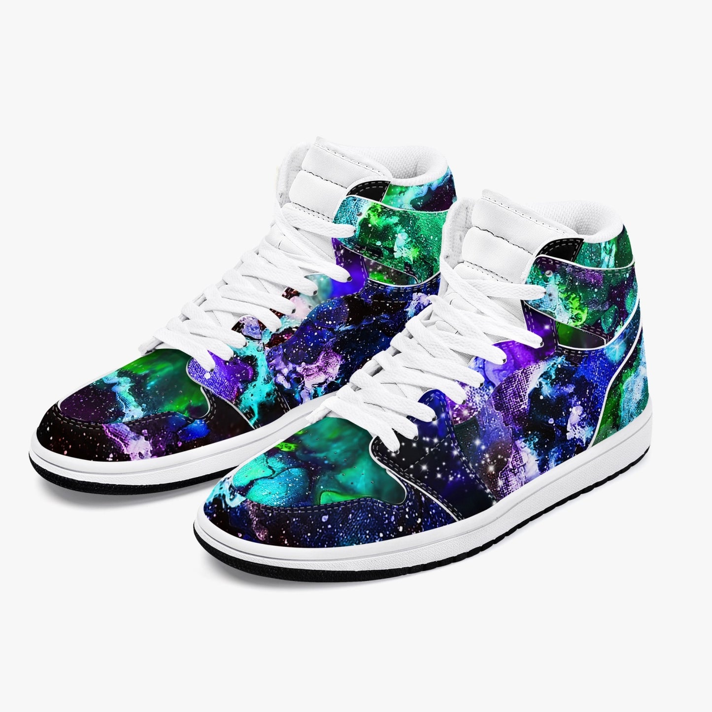 Teal and Purple Galaxy Black High-Top Leather Sneakers