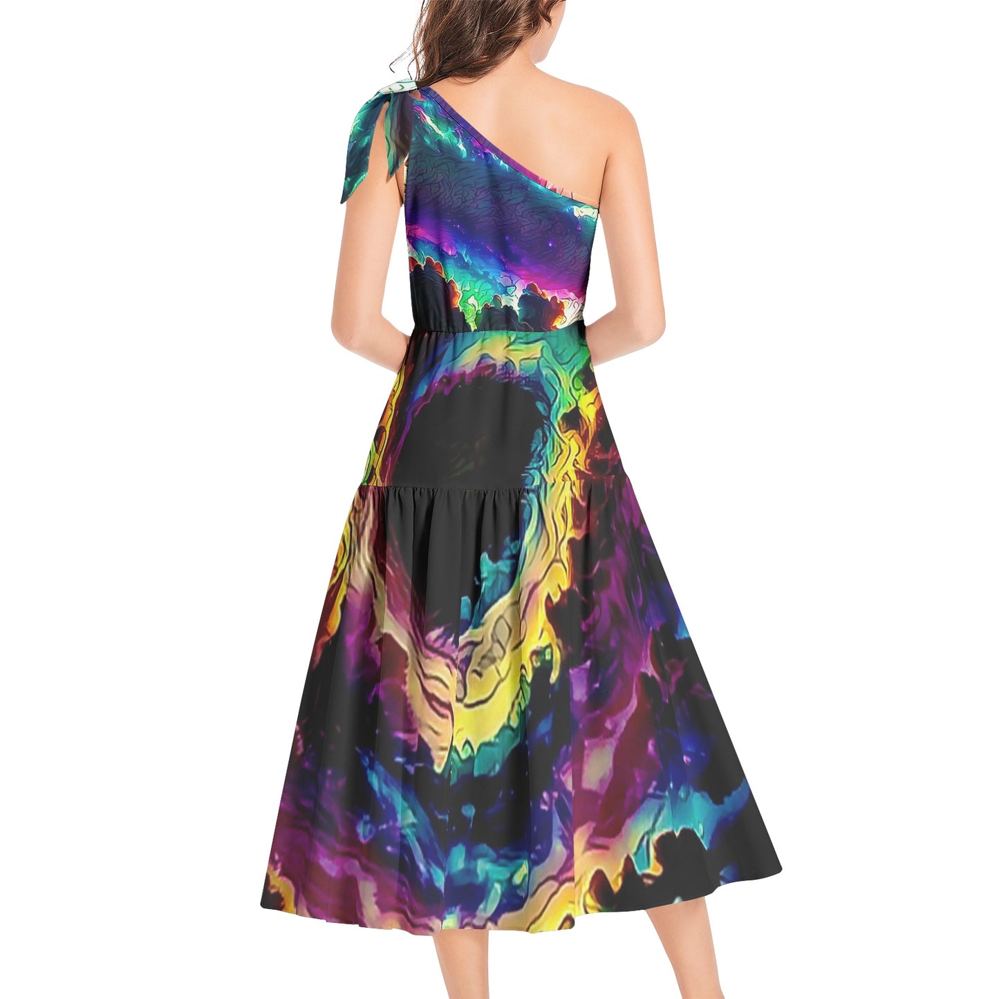 Space Blast Ruffle Hem One Shoulder Midi Dress