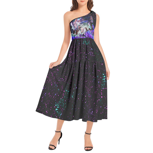 Star party/Galaxy: Blue Ruffle Hem One Shoulder Midi Dress