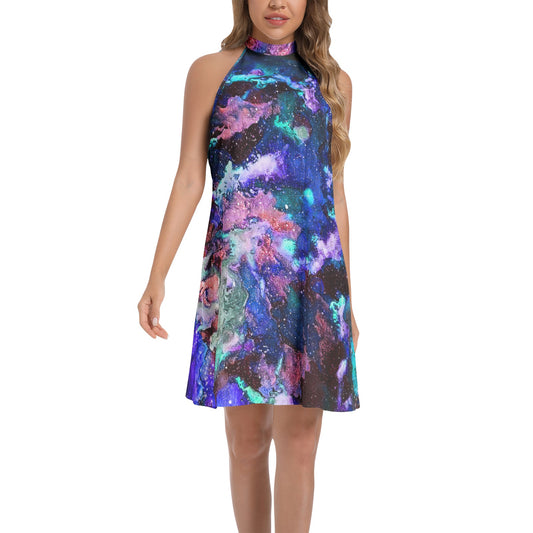 Galaxy: Purple/Blue Tie Back Halter Neck Flared Dress