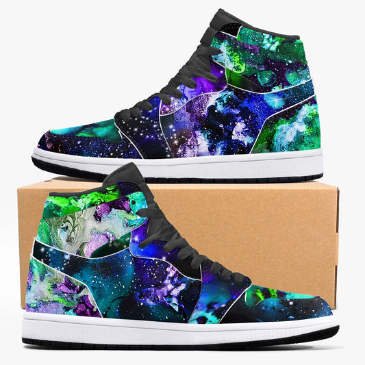 Teal and Purple Galaxy Black High-Top Leather Sneakers