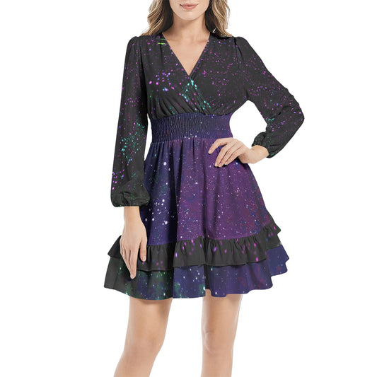 Galactic Atmosphere / Star Party Long Sleeve Tiered Ruffle Hem Elastic Waist Mini Dress