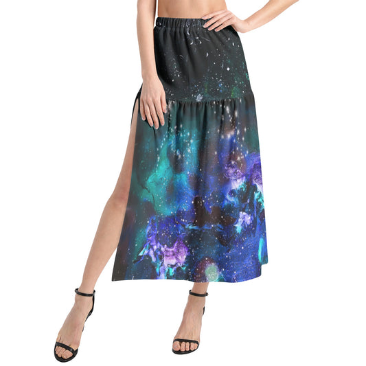 Galaxy Elastic Waist Ruffle Slit Hem Skirt