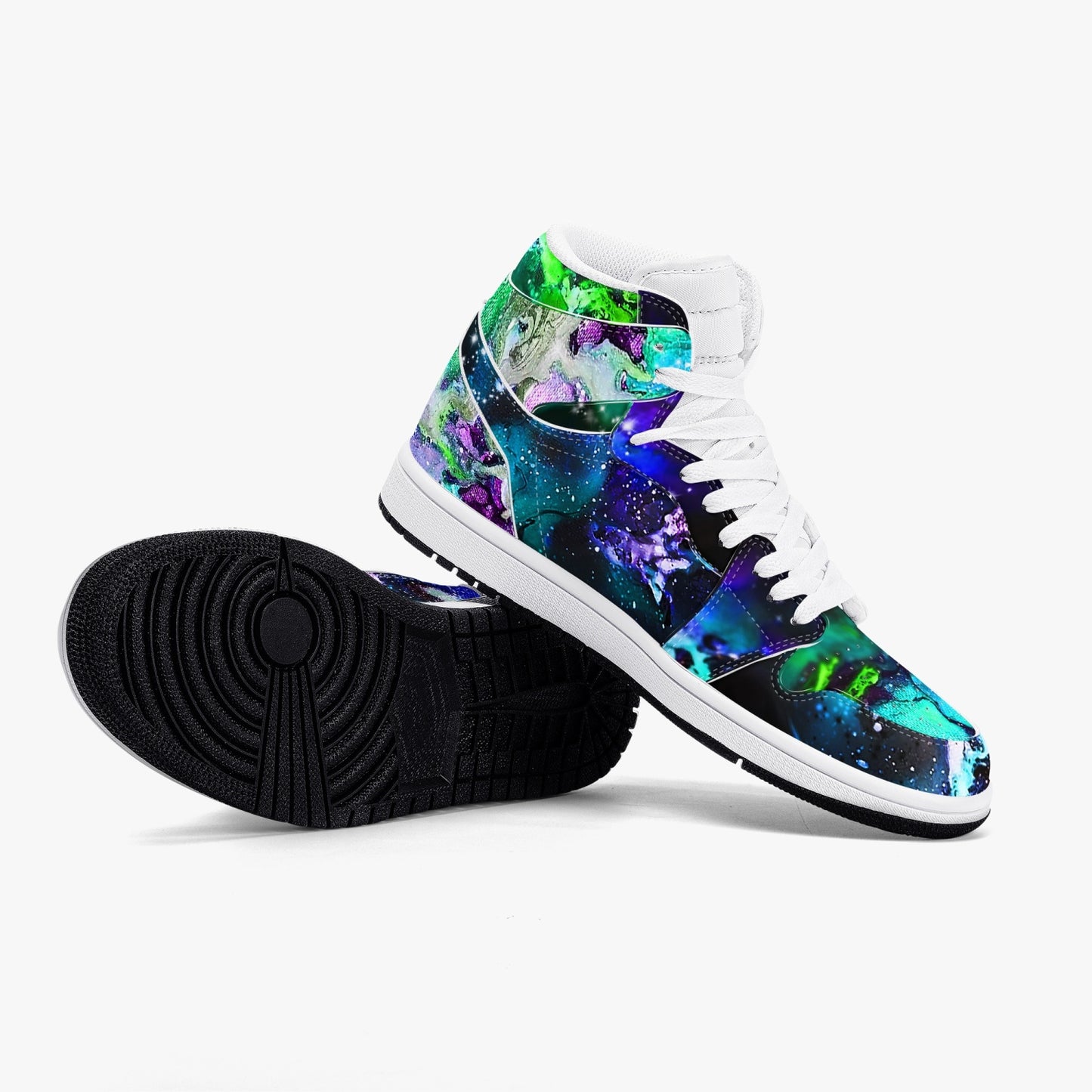 Teal and Purple Galaxy Black High-Top Leather Sneakers