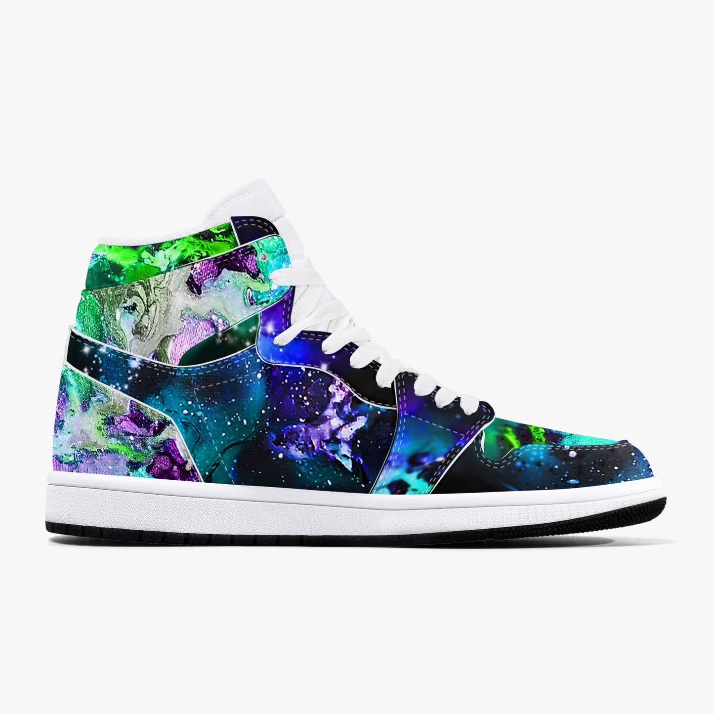 Teal and Purple Galaxy Black High-Top Leather Sneakers